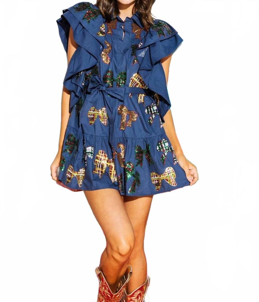 NEW QUEEN OF SPARKLES bow ruffle tie dress in navy